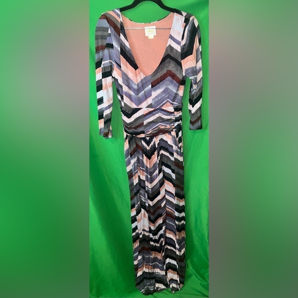 Anthropologie Maeve Chevron Patterned Maxi Dress 3/4 Sleeve size Medium